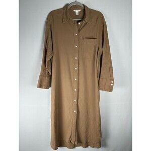 H&M Brown Crinkle Cotton Button Front Midi Shirt Dress S Brown Casual Minimalist